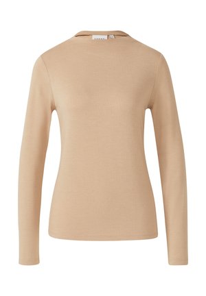 Beige long-sleeve shirt gemaakt van een zachte, rekbare stof. Voorzien van een ronde hals en een aansluitend ontwerp met minimale stikdetails.