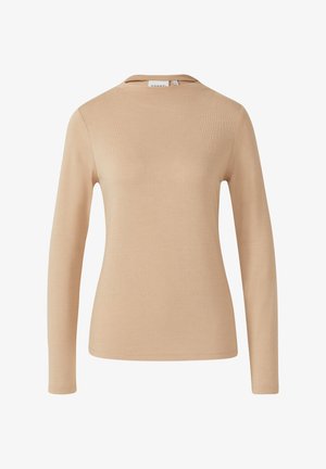 Beżowa koszula z długim rękawem wykonana z miękkiego, elastycznego materiału. Ma okrągły dekolt oraz dopasowany krój z minimalnymi detalami szwów.