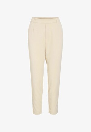 Pantalons beige clair à coupe droite, taille élastique et deux pinces à l'avant. Tissu doux et lisse avec une finition soignée.
