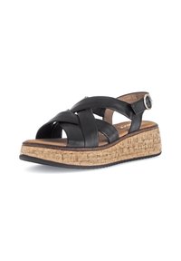 Zwarte leren sandaal met kruislings ontwerp, kurken wigzool en verstelbare enkelriem. Textuur op de outsole voor grip.