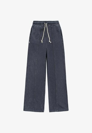 Dark gray wide-leg sweatpants with front seam details, elastic waistband, white drawstring, and side pockets.