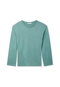 Maglietta a maniche lunghe con colletto tondo in teal chiaro, realizzata in un tessuto morbido con una texture liscia. Design semplice, senza motivi o decorazioni.