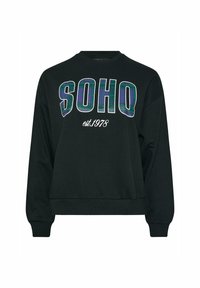 Sudadera negra con cuello redondo, que presenta "SOHO" en letras en negrita y de cuadros, y "est. 1978" en texto blanco en la parte inferior.