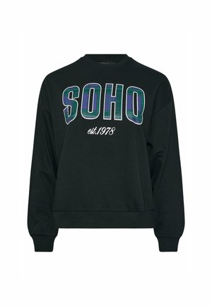 Zwarte sweatshirt met een ronde hals, voorzien van "SOHO" in vette, geruite letters en "est. 1978" in witte tekst onderaan.