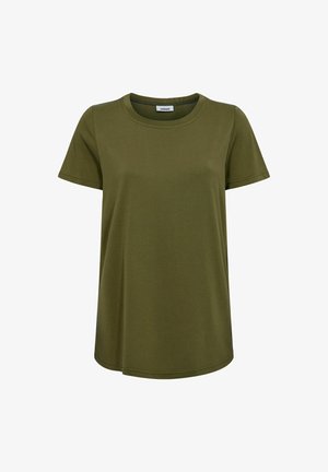Tricou scurt cu mânecă, de culoare verde oliv, confecționat dintr-un material neted, având un decolteu rotund și un tiv drept pentru o potrivire lejeră.