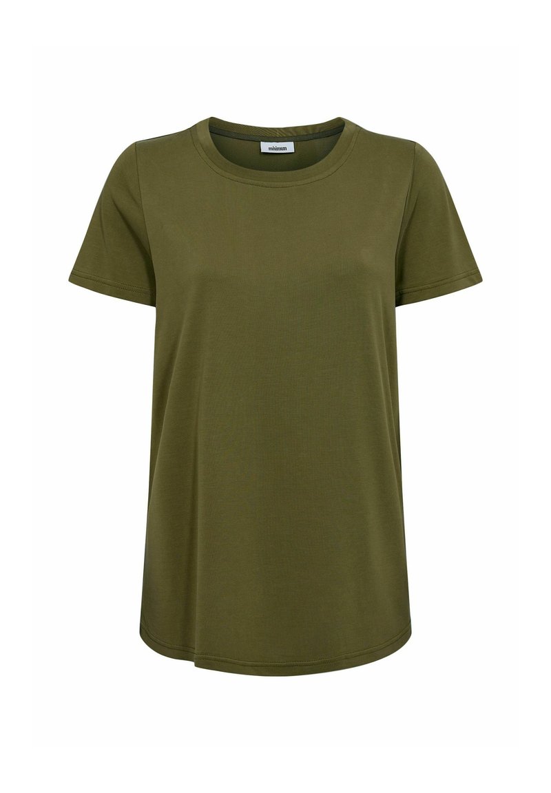 Olivengrøn kortærmet t-shirt lavet af glat stof, med rund halsudskæring og lige kant for en afslappet pasform.