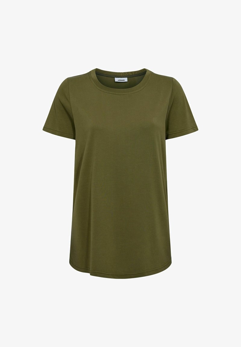 Olive green short-sleeve t-shirt made of smooth fabric, featuring a round neckline and a straight hem for a relaxed fit.
