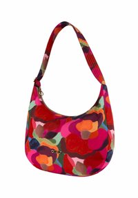 Hobo tas met een gebogen vorm, gemaakt van kleurrijke stof met een bloemenpatroon in roze, rood, groen en oranje. Inclusief een ritssluiting.