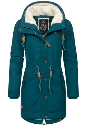 Teal parka jacket with faux fur lining, adjustable drawstrings, snap buttons, and side pockets; features a hood and ribbed cuffs.
