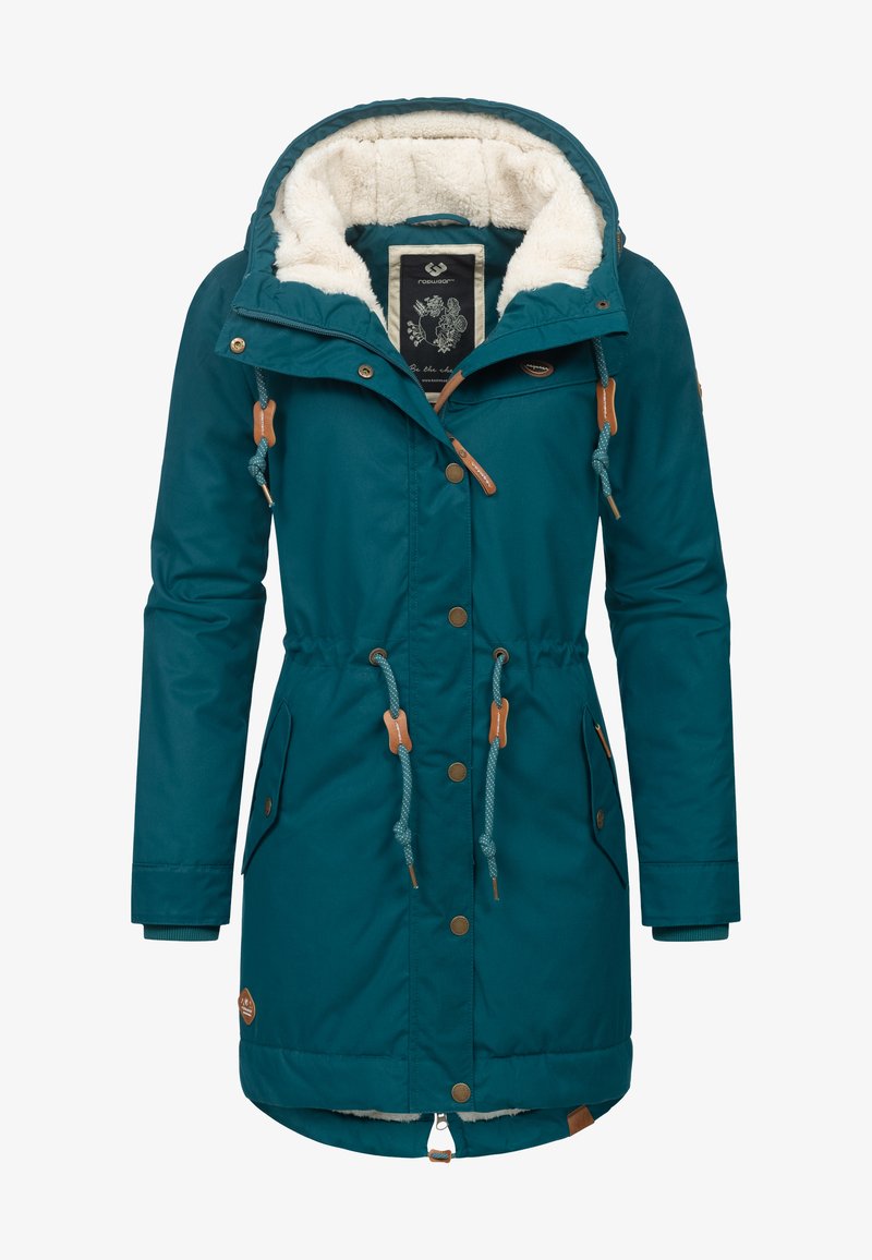 Teal parka jakna s umetnim krznom, nastavljivimi vrvicami, gumbi na pritisak in stranskimi žepi; ima kapuco in rebraste manšete.