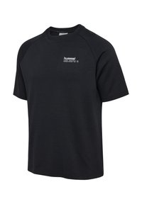 Svart kortärmad T-shirt i bomullsmix, med rund halsringning och kontrasterande raglanärmar, samt en liten logotyp på bröstet.
