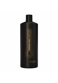 Black plastic bottle of Sebastian Dark Oil lightweight shampoo, featuring gold line design, 1 liter capacity, with a rounded shape and narrow neck.