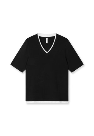 Maglietta nera a maniche corte con scollo a V, caratterizzata da un bordo bianco sul colletto e da un sottile dettaglio del marchio sul davanti. Tessuto in cotone liscio.