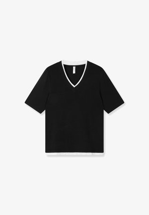 Black short-sleeve shirt with a V-neck, featuring a white collar trim and subtle branding detail on the front. Smooth cotton texture.