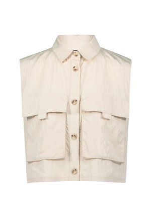 Beige mouwloze shirt met een kraag, voorzien van twee steekzakken aan de voorkant en vijf knopen in het midden. Gemaakt van gestructureerde stof.