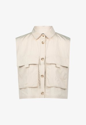 Beige mouwloze shirt met een kraag, voorzien van twee steekzakken aan de voorkant en vijf knopen in het midden. Gemaakt van gestructureerde stof.