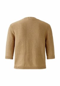 Beige Strickcardigan mit Dreiviertelärmeln, Rundhals und gerippten Bündchen und Saum. Strukturiertes Material sorgt für visuelles Interesse.