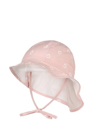 Pink baby sun hat with white daisy prints, wide brim, and chin straps tied in a bow.