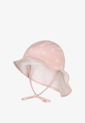 Pink baby sun hat with white daisy prints, wide brim, and chin straps tied in a bow.
