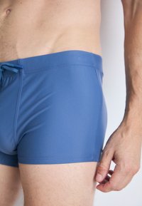 Shorts de bain bleus en tissu extensible et lisse. Dotés d'une taille avec cordon de serrage et d'une coupe ajustée, arborant un design simple et unicolore.