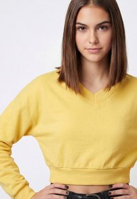 Dzeltena īsā džemperis ar V-veida izgriezumu, garām piedurknēm un ribēta apakšmala. Mīksta tekstūra ar gludu virsmu. Nav redzamu rakstu vai akcents.