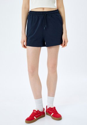 Marineblaue Shorts mit elastischem Bund und Kordelzug; aus weichem Stoff mit glatter Textur gefertigt, mit Seitennähten und entspannter Passform.