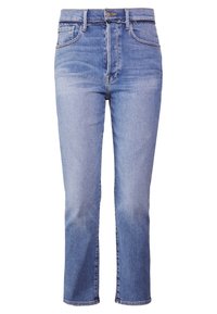 Jeans di denim azzurro chiaro a vita alta con taglio dritto, lavaggio sbiadito, design a cinque tasche e cuciture a contrasto.