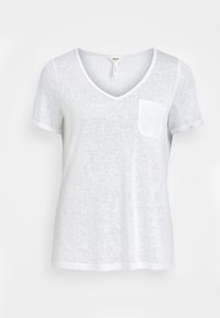 White V-neck t-shirt with short sleeves, made from lightweight, textured fabric. Features a small front pocket and rolled sleeve cuffs.