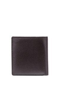 Brauner Leder Geldbeutel mit strukturierter Oberfläche, rechteckiger Form und kontrastierender Naht entlang der Kanten. Kompaktes Design für einfache Handhabung.