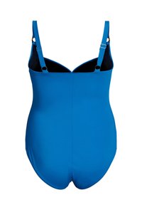 Blauer Badeanzug mit verstellbaren Trägern, glatter Textur und rundem Rücken. Verfügt über einen dezenten Glanz und keine sichtbaren Details.