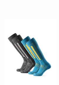 Dos pares de calcetines hasta la rodilla: uno en gris carbón con rayas grises, y otro en azul vibrante con rayas amarillas. Tejido texturizado con partes superiores acanaladas.