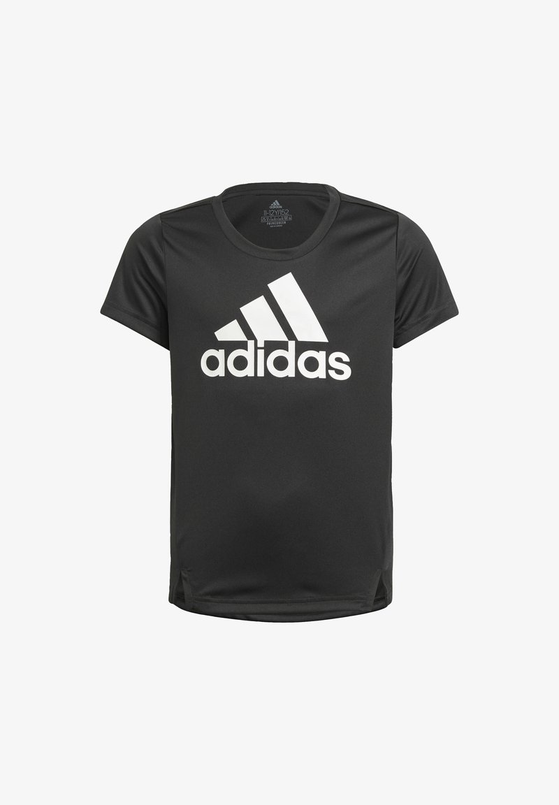 Black athletic t-shirt made of smooth fabric featuring a large white Adidas logo on the front. Short sleeves and a crew neck design.