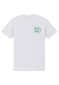 Bílý bavlněný tričko s potiskem zeleného a růžového loga "Castrol" obklopeného vavřínovým věncem na levé straně hrudi.