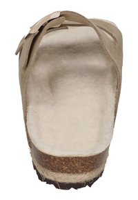 Beige suede clog with an open toe, detailed with a decorative bow, featuring a soft, textured footbed and a cork-like outsole.