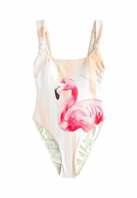Eén stuk badpak in crème en lichtroze, met een groot, geschilderd flamingo ontwerp. Verstelbare banden en zacht materiaal.
