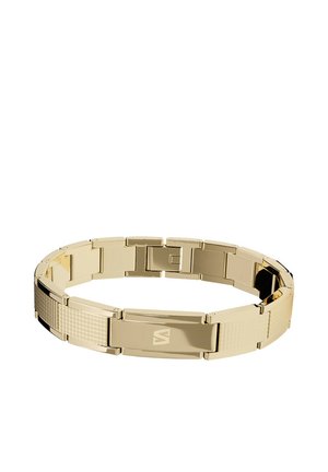 Armband aus goldfarbenen Metallgliedern mit einer polierten mittleren Platte, die ein dezent eingraviertes Logo zeigt.