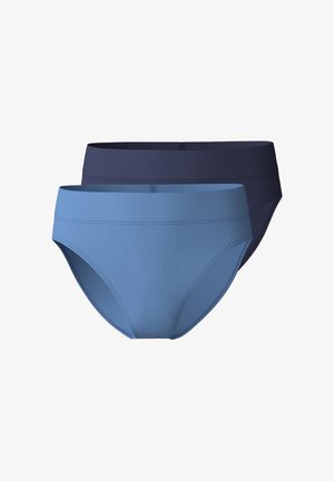 Deux paires de sous-vêtements pour femmes, une bleu clair et l'autre bleu marine, toutes deux avec une texture lisse et un design simple de ceinture.