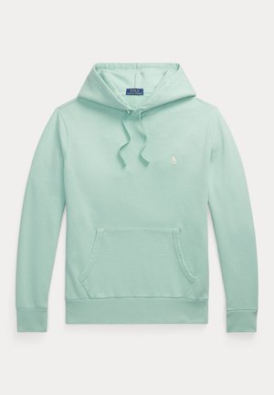 Hellgrüner Hoodie mit langen Ärmeln, Kordelzug an der Kapuze, Kängurutasche vorne und kleinem, besticktem Polo Ralph Lauren-Logo auf der Brust.