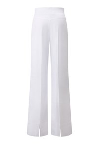 Witte wijde broek van een gladde stof, met een hoge tailleband en zijsplitten aan de onderkant voor extra ontwerpelement.