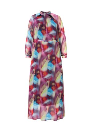 Langsleeve, floor-length jurk met hoge kraag, met abstract kleurrijk patroon in tinten van rood, blauw, roze en geel op doorzichtige stof.