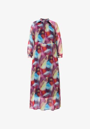 Abito lungo a maniche lunghe con colletto alto, caratterizzato da un motivo astratto colorato in tonalità di rosso, blu, rosa e giallo su tessuto trasparente.