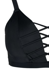 Zwarte bralette met driehoekige cups, voorzien van kruislings strappen aan de zijkant en een gladde elastische band aan de onderkant.