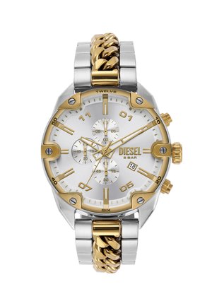 Chronograph-Uhr mit Edelstahlarmband in Silber und Gold. Rundes silbernes Ziffernblatt mit goldenen Akzenten, drei Zusatzanzeigen und Datumsanzeige.