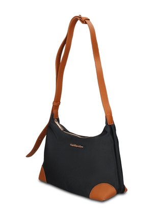 Sac à bandoulière noir avec sangle en cuir marron réglable, coins en cuir marron et fermeture éclair sur le dessus.