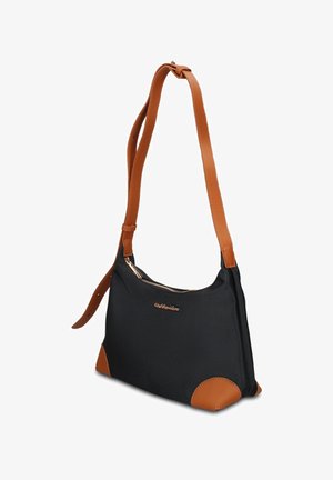 Sac à bandoulière noir avec sangle en cuir marron réglable, coins en cuir marron et fermeture éclair sur le dessus.