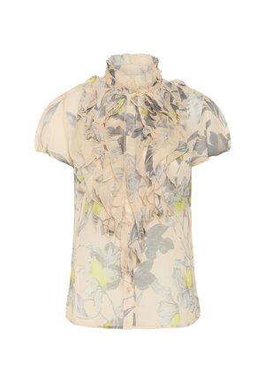 Sheer short-sleeve blouse with pastel floral pattern, high ruffled neckline, and cascading ruffle details down the front.