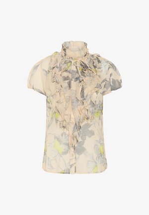 Doorzichtige blouse met korte mouwen, voorzien van een pastel bloemenpatroon, een hoge gerimpelde halslijn en waterval ruches aan de voorkant.