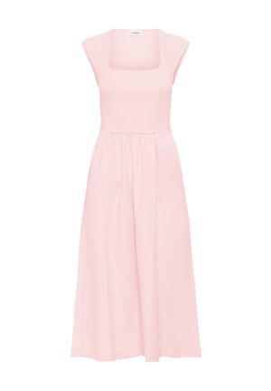 Rochie roz deschis cu decolteu pătrat, corset striat și fustă fluidă. Design fără mâneci, cu talie elastică pentru confort.