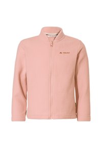 Chaqueta de forro polar rosa claro con cuello alto, cremallera completa y un sutil detalle del logotipo. Presenta mangas largas y una tela suave y texturizada.