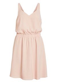 Różowa sukienka bez rękawów z dekoltem w kształcie litery V, elastycznym pasem w talii oraz teksturowanym wzorem małych kropek. Rozkloszowana spódnica poniżej linii talii.
